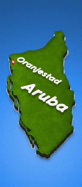 Illustration of a green ground map of Aruba on water background. Left 3D isometric perspective projection with the name of country and capital Oranjestad.