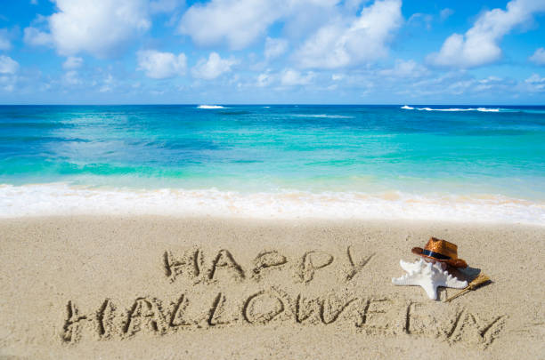 istock Halloween background on the beach with starfishes 824406952