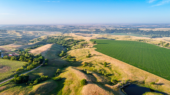farmland in Nebraska Sandhills - aerial view in morning summer scenery