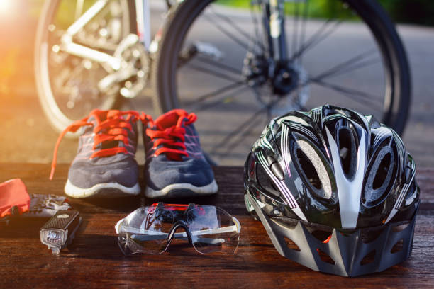 istock set bicycle equipment on a top wood 824501234