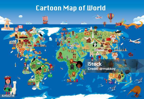 Cartoon Map Of World Stock Illustration - Download Image Now - Child, World Map, Map