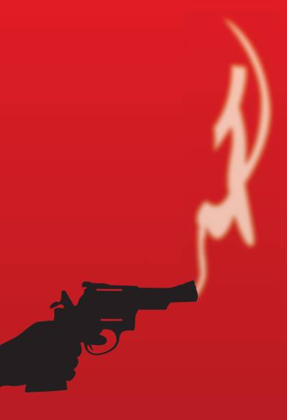 Hand Holding Smoking Gun Vector silhouette of a hand holding a gun with smoke coming out the barrel in the shape of a hammer and sickle. gun barrel stock illustrations