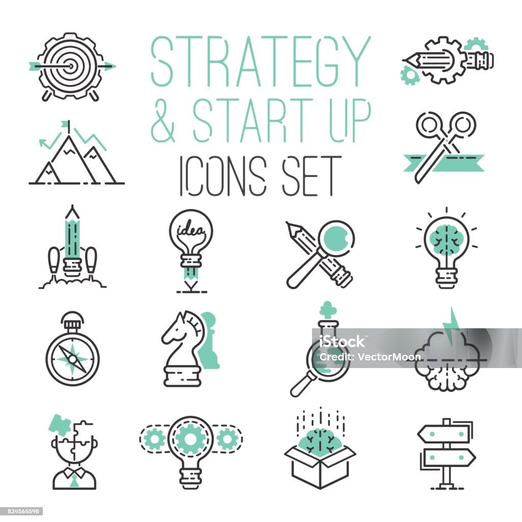 Startup strategy outline web busines icon set websites ui finance start up vector symbols Startup strategy outline web busines icon set websites ui finance start up vector symbols. Marketing concept analysis process strategy. Icon Symbol stock vector