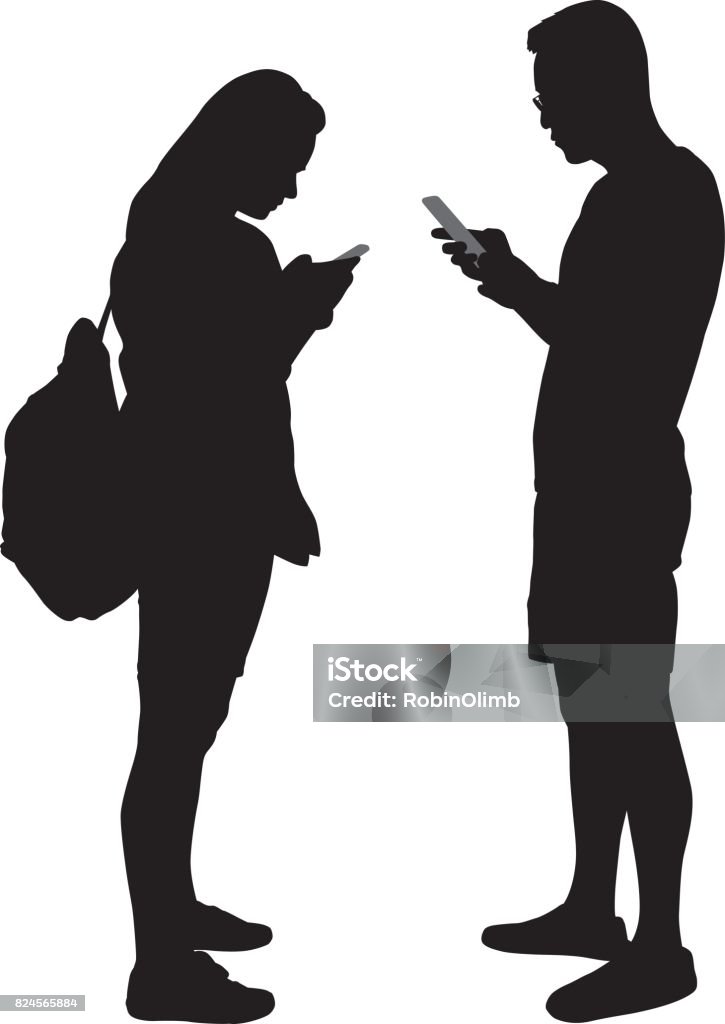 Young Man And Woman Using Smart Phones Silhoettes Vector illustration of a young man and woman looking at their smart phones. Telephone stock vector