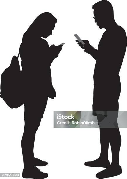 Young Man And Woman Using Smart Phones Silhoettes Stock Illustration - Download Image Now - Telephone, Smart Phone, Men