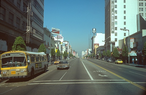 Los Angeles, California, USA, 1975. Street scene on a boulevard in Los Angeles.