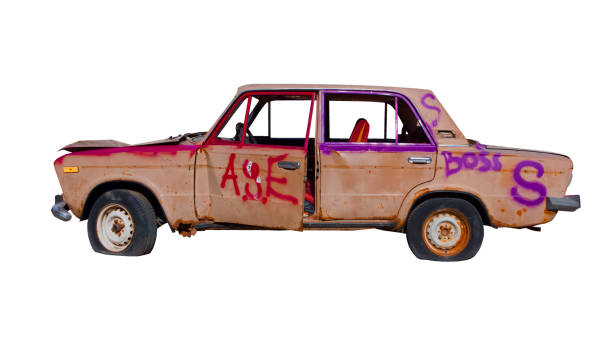 istock Broken abandoned car. Auto trash isolated. shattered old transport 824576184