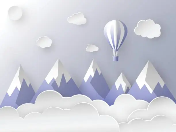 Vector illustration of Balloon flying in the sky among the snowy mountain, Calm blue color shades, Paper art vector illustration style