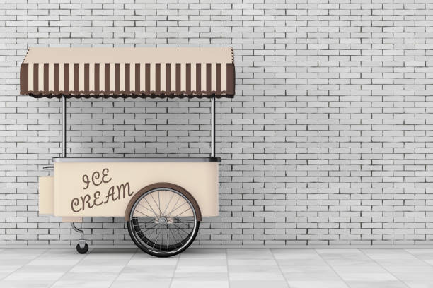 Ice Cream Trolley Cart in front of brick wall. 3d Rendering