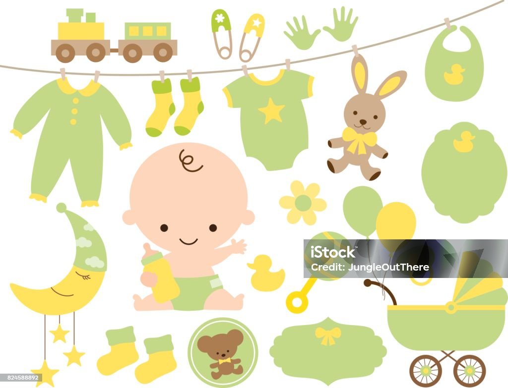 Baby Shower Item Set in Green and Yellow Cute baby and baby items in green and yellow vector illustration set. Baby - Human Age stock vector