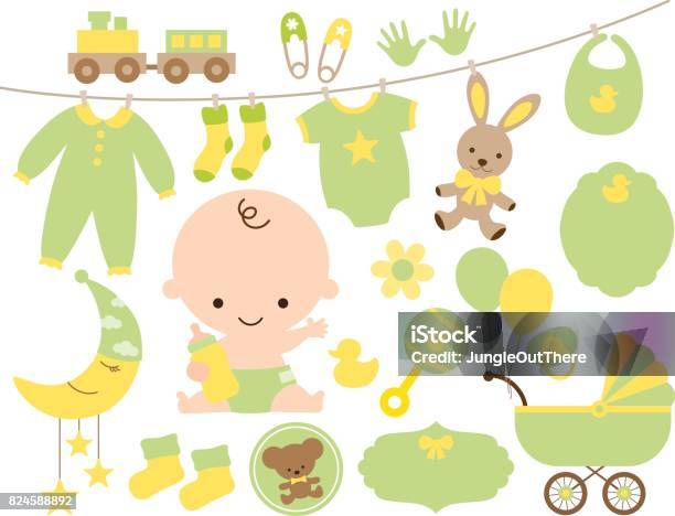 Baby Shower Item Set In Green And Yellow Stock Illustration - Download Image Now - Baby - Human Age, Arrival, Bear