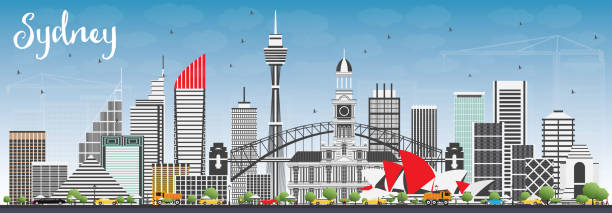 Sydney Australia Skyline with Gray Buildings and Blue Sky. Sydney Australia Skyline with Gray Buildings and Blue Sky. Vector Illustration. Business Travel and Tourism Concept with Modern Architecture. Image for Presentation Banner Placard and Web Site. business architecture blue people stock illustrations