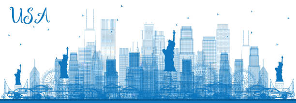 illustrazioni stock, clip art, cartoni animati e icone di tendenza di delinea lo skyline degli stati uniti con grattacieli e punti di riferimento blu. - san francisco county skyline silhouette sky