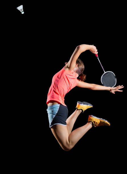 woman badminton player (version with shuttlecock) - badminton racket isolated white imagens e fotografias de stock