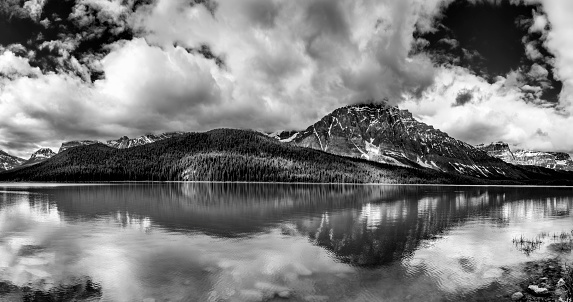 Black and white panoramic view of Waterfowl Lake and Mount Chephren, Banff National Park, Alberta, Canada