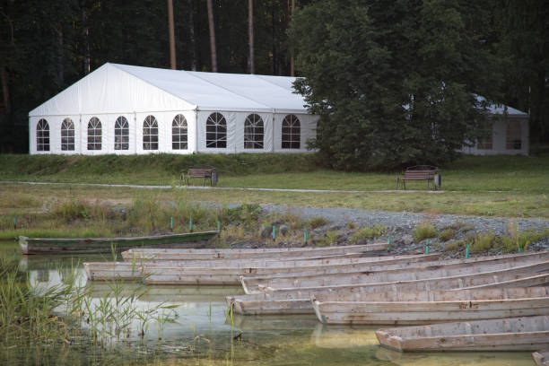istock Boats on background of pavilion on shore 824600258