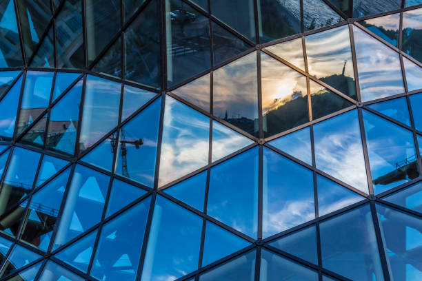 istock Modern office building or shopping center in Budapest, windows with reflections 824609576