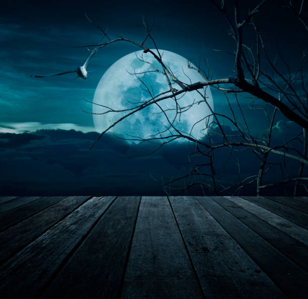 istock Old wooden table over bird, dead tree, moon and spooky cloudy sky, Horror background, Halloween concept 824612018