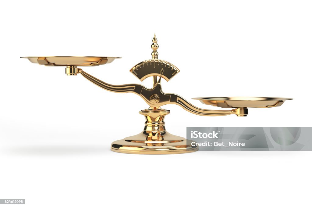 Golden balance scales isolated on white background. Golden balance scales isolated on white background. 3d illustration Weight Scale Stock Photo