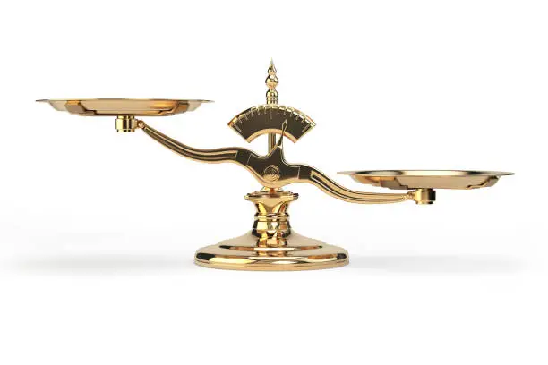 Golden balance scales isolated on white background. 3d illustration