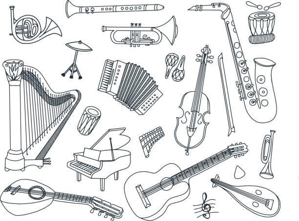 musikinstrumente und kritzeleien - writing instrument illustrations stock-grafiken, -clipart, -cartoons und -symbole