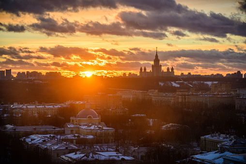 Sunset Moscow State University in winter