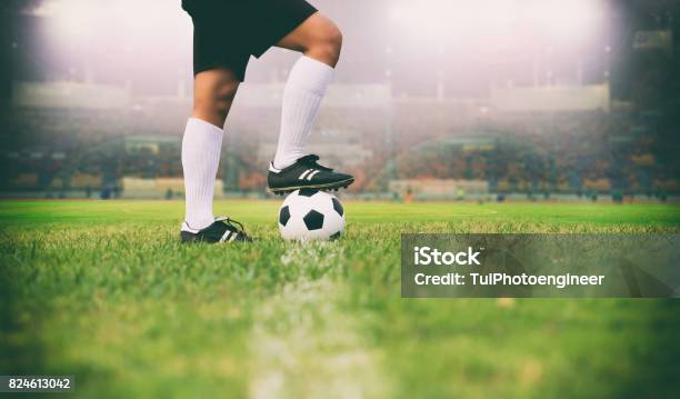 サッカーまたはフットボール プレーヤーのキックのフィールド上のボールを持って立っているサッカー ボール ソフト フォーカスと草の選択と集中 - サッカーのストックフォトや画像を多数ご用意