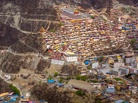 Aerial view of Tibetan Baiyu Monastery in Baiyu, Sichuan, China