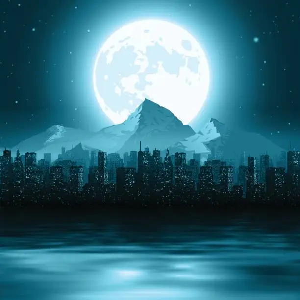 Vector illustration of A Cityscape with Mountains on the Horizon by the Water at Night