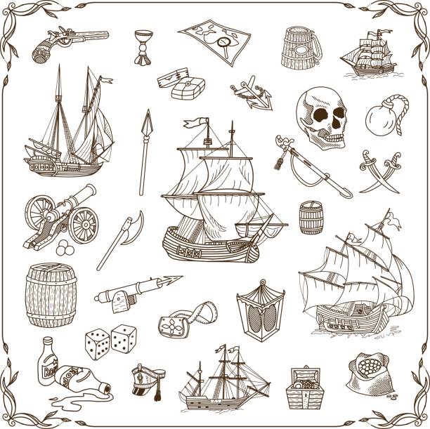 Old Sea Doodles Set Old sea doodles set. Vector illustration on a theme of a treasure and pirates. whaling stock illustrations