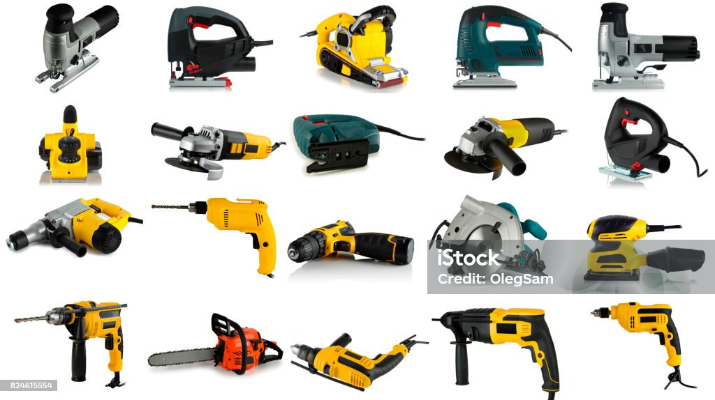 set of images of tools set of images of tools on a white background Drill Stock Photo