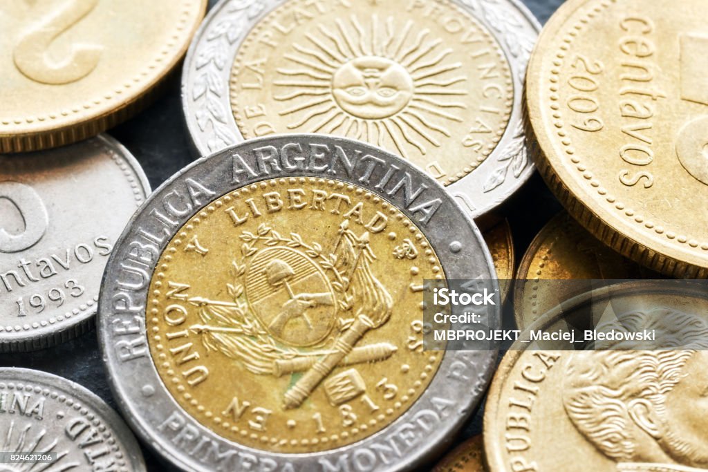 Extreme close up picture of Argentine peso. Extreme close up picture of Argentine peso, shallow depth of field. Argentina Stock Photo