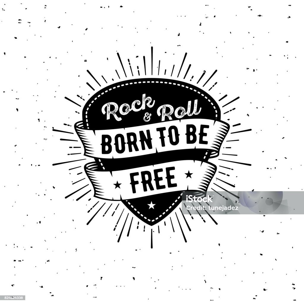 Rock n Roll born free Rock and Roll sign. Born to be free. Slogan graphic for t shirt. Poster with plectrum, ribbon, starburst. Tattoo stock vector