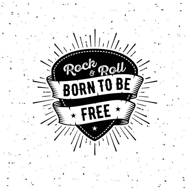 Rock n Roll born free Rock and Roll sign. Born to be free. Slogan graphic for t shirt. Poster with plectrum, ribbon, starburst. guitar silhouettes stock illustrations