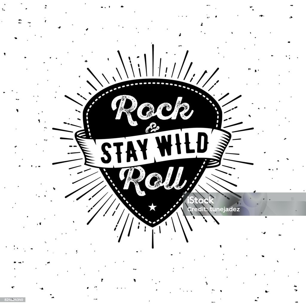 Rock n Roll white Rock and Roll sign. Stay wild. Slogan graphic for t shirt. Poster with plectrum, ribbon, starburst. Guitar Pick stock vector