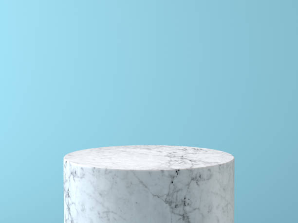 istock Empty white marble podium on pastel blue color background. 3D rendering. 824626228