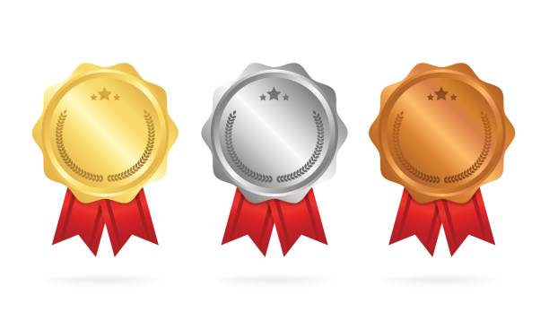 ilustrações de stock, clip art, desenhos animados e ícones de first place. second place. third place. award medals set isolated on white with ribbons and stars. vector illustration - medal award silver medal ribbon