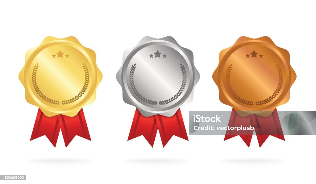 First place. Second place. Third place. Award Medals Set isolated on white with ribbons and stars. Vector illustration First place. Second place. Third place. Award Medals Set isolated on white with ribbons and stars. Vector illustration. Gold Medal stock vector