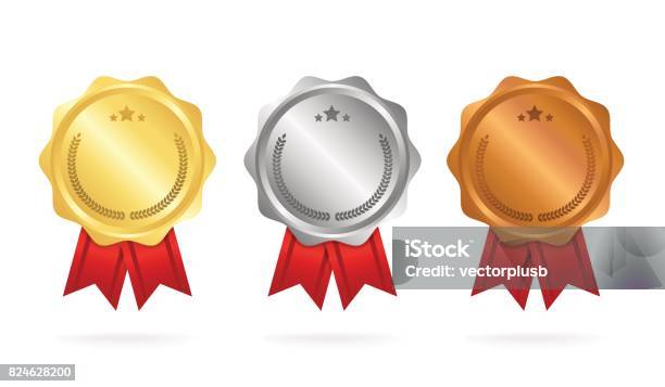 First Place Second Place Third Place Award Medals Set Isolated On White With Ribbons And Stars Vector Illustration Stock Illustration - Download Image Now