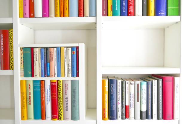 istock Filled books shelves and some parts empty: space for copy 824628332