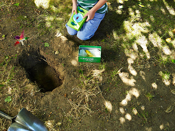 Boy burying dead bird  pet loss stock pictures, royalty-free photos & images