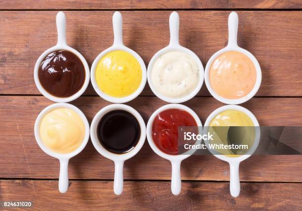 Set Of Sauces Stock Photo - Download Image Now - Barbecue - Meal, Basil, Bowl