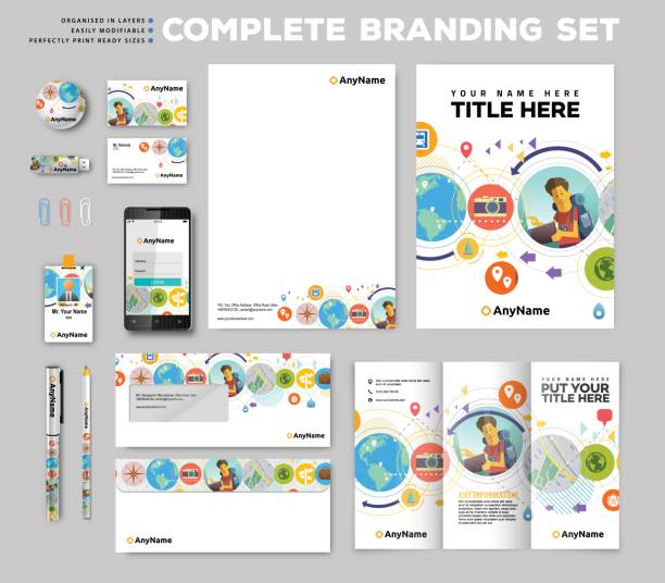 Corporate identity stationary items Fully print ready size of complete corporate identity branding stationary set. business cards and stationery stock illustrations