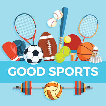 Set of sport balls and gaming items at a blue background. Healthy lifestyle tools, elements. Inscription GOOD SPORTS. Vector Illustration