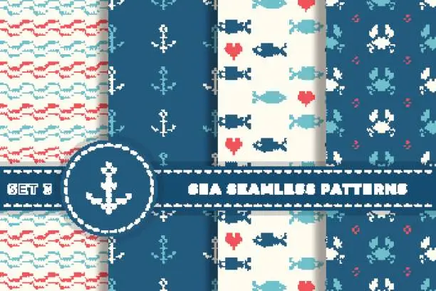 Vector illustration of Sea and nautical backgrounds in white, turquoise, red and dark blue colors. Sea theme. Set seamless patterns collection. Woolen knitted texture. Vector Illustration.
