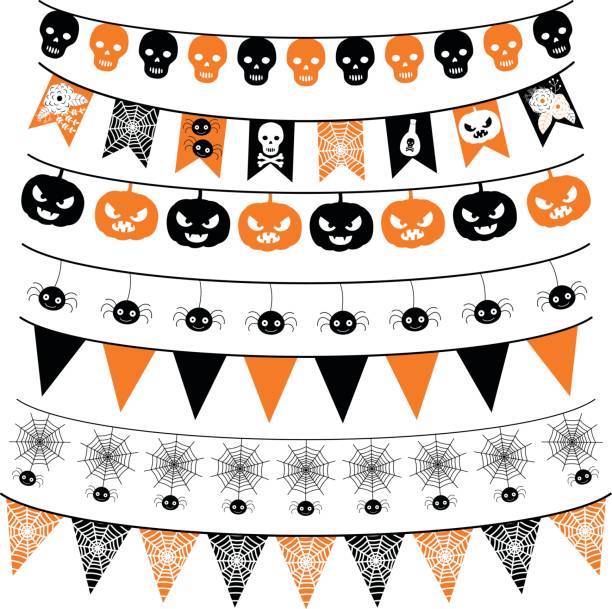 오렌지와 블랙에 할로윈 배너입니다. 멧 새 배경과 플래그 됩니다. - halloween pumpkin bunting backgrounds stock illustrations