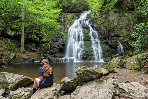 Young Woman Viewing Spruce Flats Falls In The Smoky Mountains, Tremont Tennessee