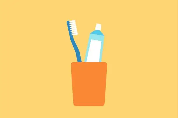 Vector illustration of toothbrush and toothpaste in glass