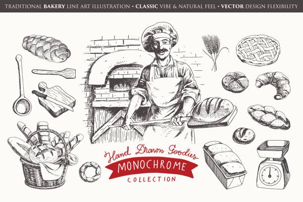 ilustrações de stock, clip art, desenhos animados e ícones de hand drawn bakery collection - cesto ilustrações
