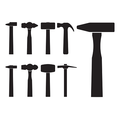 Set of different hammer silhouette icons, isolated on white background